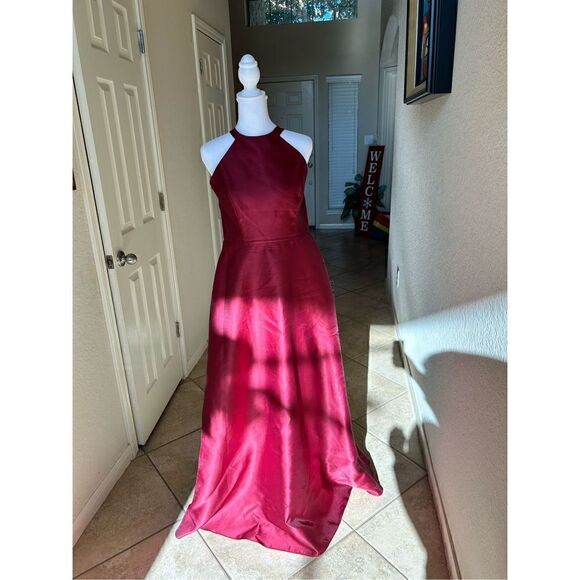 Alfred Sung Womens Size 10 Floor Length Gown Burgundy Halter Criss Cross Back - Picture 2 of 7